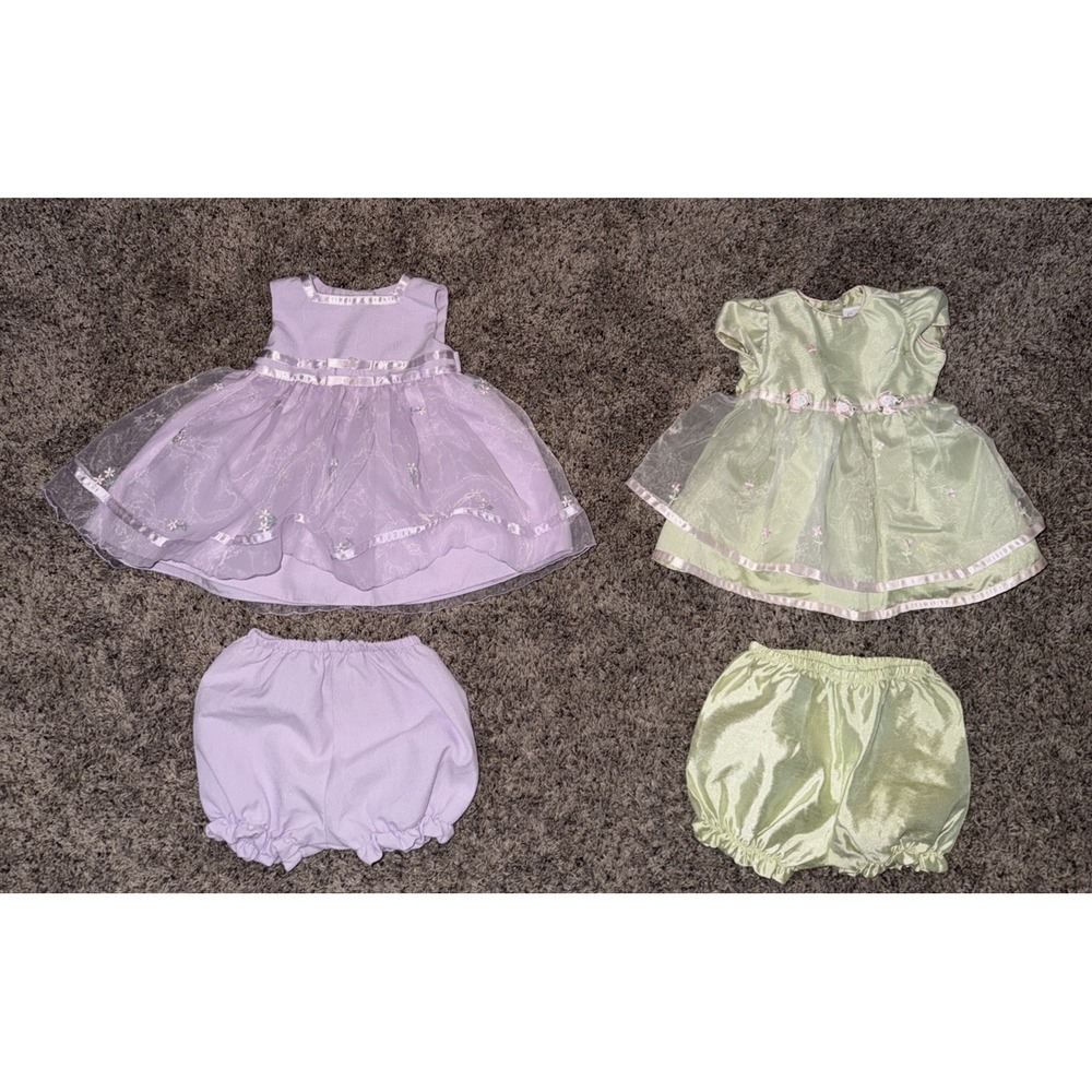 Vtg Y2K Youngland Baby Girl Easter Dresses 3-6,6-9 Pastel Green/Purple Floral‎